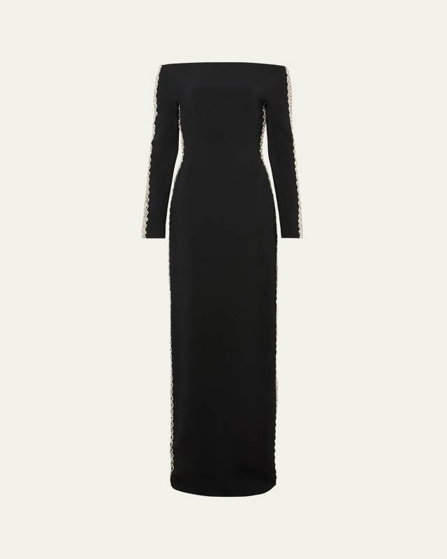 Charisma Crystal Off-The-Shoulder Long-Sleeve Gown